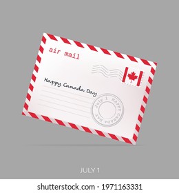 Happy Canada Day banner. Envelope with postage stamp with Canada flag. Vector illustration, template for greeting card, poster