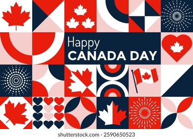 Happy Canada Day banner with fireworks, maple leaves . Trendy modern contemporary abstract print for national day of Canada. Modern mosaic banner with geometric shapes. Vector