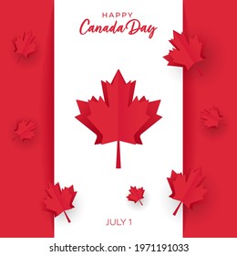 Happy Canada Day banner with Canada Flag and paper cut maple leaves. Vector illustration