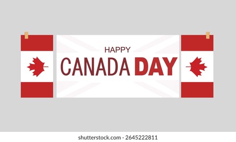 Happy Canada Day banner with flags and leaves