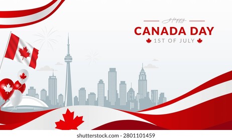 Happy Canada Day banner greeting card on city skylines background with flag and balloons. vector illustration