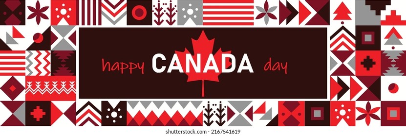 Cartel del Feliz Día de Canadá para el Día de la Independencia. Diseño abstracto retro con patrones culturales modernos. Tema de la hoja de arce blanco oscuro. Ilustración vectorial.