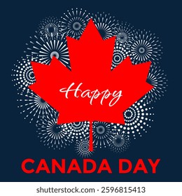 Happy Canada Day banner. Red maple leaf with fireworks on dark blue background. Poster for national independence day of Canada. Vector Illustration