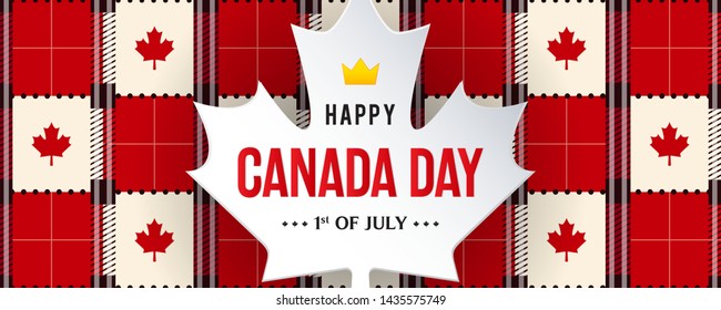 Happy Canada Day Banner Vector illustration. Paper art Maple leaf on red plaid pattern background.