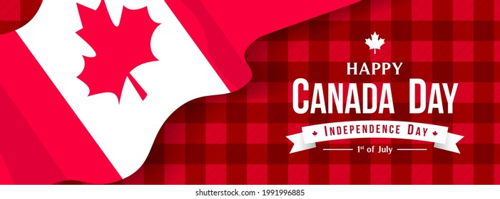 Happy Canada Day Banner vector illustration. Flag of Canada waving on red tartan pattern background. Independence day