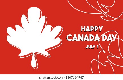 happy canada day banner with white maple and line art red background