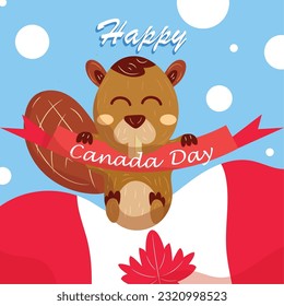 Happy canada day, beautiful beaver smiling with red ribbon and red flag on blue background with white circles maple leaf 1 july