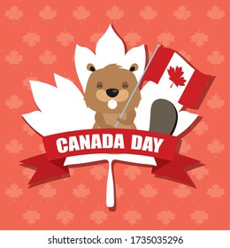 happy canada day with beaver and flag vector illustration design