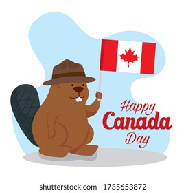 Happy Canada Day With Beaver And Flag Vector Illustration Design