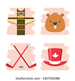 happy canada day beaver totem hockey sticks hat vector illustration