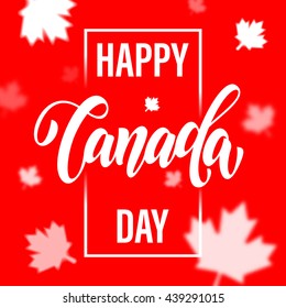 Feliz Día de Canadá tarjeta de felicitación por caligrafía. Ilustración vectorial de patrón de hoja de arce. Fondo de pantalla rojo con bandera canadiense.