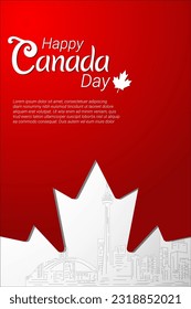 Happy Canada Day calligraphy lettering with Toronto landmark and red maple leaf. vector illustration. paper art style