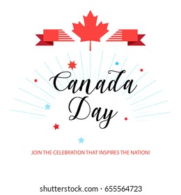 Happy Canada Day! Calligraphy quote Greeting card, poster, placard maple logo, red color of Canadian flag, ribbon banner. Canada day banner Holiday celebration, template 1 July, t shirt, printed tee.
