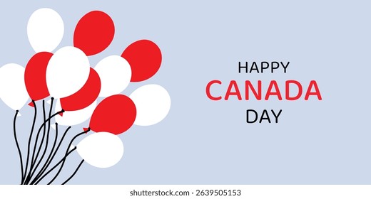 Happy Canada Day card banner with red and white balloons. Celebration design for national holiday in Canada.