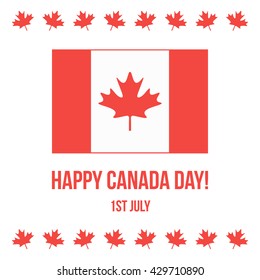 Happy Canada Day card with canadian flag and red maple leaves.
