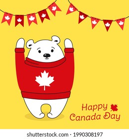 Happy Canada Day card. Cartoon polar bear in sweater, garland bunting flag. Greeting postal postcard. National celebration Canadian pullover flag, patriot bear character. Isolated vector illustration