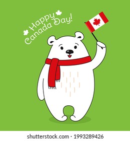 Happy Canada Day card. Cartoon polar bear in scarf with flag Canada. Greeting postal postcard. National celebration Canadian flag patriot bear character. Isolated vector illustration bright background