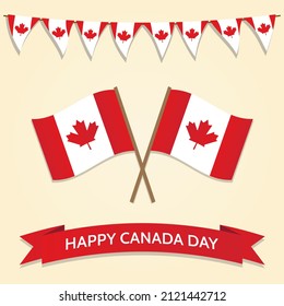 Happy Canada Day card design, banner with two crossed flags, ribbon, pennants. Canadian decorations. Vector illustration.