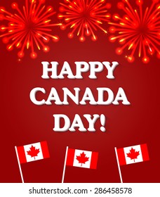 Happy Canada Day Card With Fireworks And Canada Flags, Vector Illustration