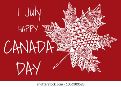 Happy Canada Day card with hand drown maple leave. Doodle design. Vector illustration