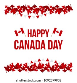 Happy Canada Day card, illustration with maple leaves borders and national canadian flags.