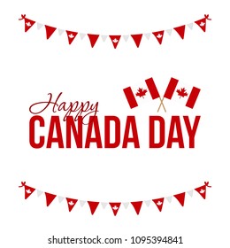 Happy Canada Day card, illustration with national canadian flags and garlands.