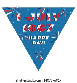 Happy Canada day card. Pattern with National flag red and white color modern typography for celebration design, flyer, banner. on fective firework blue background. Vector illustration