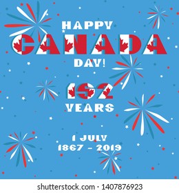 Happy Canada day card. Pattern with National flag red and white color modern typography for celebration design, flyer, banner. on fective firework blue background. Vector illustration
