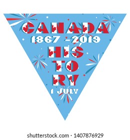 Happy Canada day card. Pattern with National flag red and white color modern typography for celebration design, flyer, banner. on fective firework blue background. Vector illustration