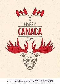 happy canada day cartel with a moose and flags