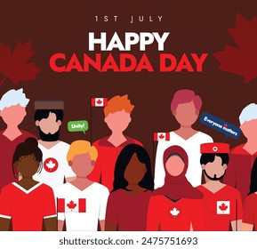 Happy Canada Day celebration banner. 25th June Canada day banner with its flag, maple leaf, people of different ethinic, religion. The day is celebrated for three provinces become one country in 1867