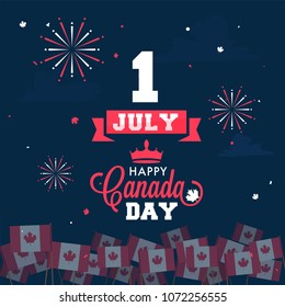 Happy Canada Day celebration concept with stylish text and canadian flags on fireworks background.