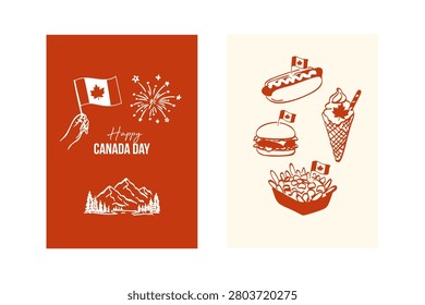 Happy canada day celebration with flag, fireworks, and iconic canadian food.