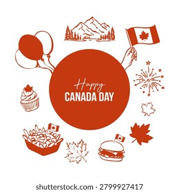 Happy Canada day celebration with flags, fireworks, and iconic Canadian symbols.