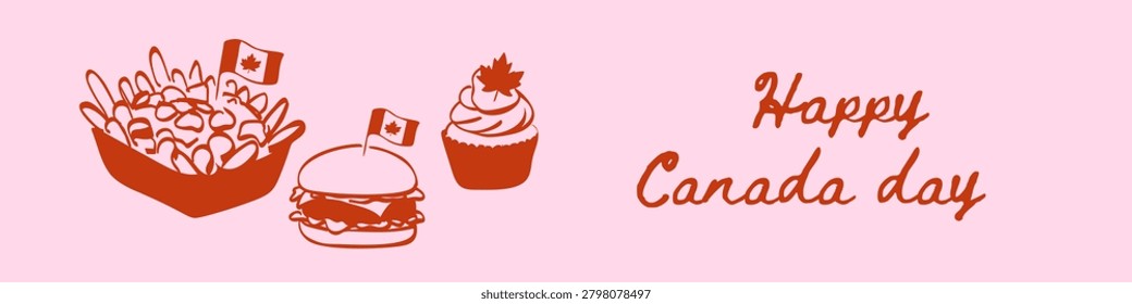 Happy canada day celebration with iconic canadian foods in red on pink background.