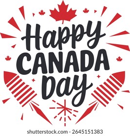 Happy Canada day celebration, lettering with red maple leaf. vector illustration