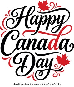 Happy Canada Day celebration with maple leaves and swirls