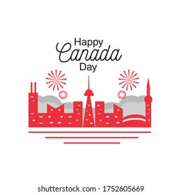 happy canada day with city and firework vector illustration design