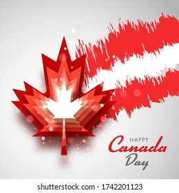 Happy Canada Day Concept with Red Paper Cut Layer Maple Leaf and Bokeh Lights Effect on Canadian Flag Color Paint Brush Background.