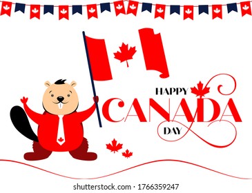 Happy Canada Day Creative Design with beaver holding canadian flag