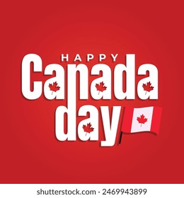 Happy Canada Day Creative typography concept with maple leaf and Canada flag on red background. Canada Day template, banner, poster, greeting card. 1st July independence day of Canada