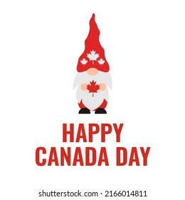 Happy Canada Day. Cute gnome holding  red maple leaf. Vector template for Canadian holiday banner, poster, greeting card, flyer, sticker, etc.