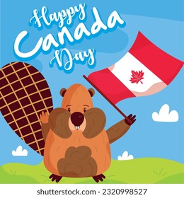 Happy canada day, cute illustrated beaver with red and white flag with maple leaf on nature background 1 july