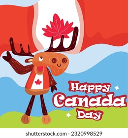 Happy canada day cute moose in maple leaf t-shirt celebrating with red and white flag over green grass