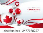 Happy Canada Day design with balloons on wavy gradient background. 1st July Canada national day template for banner, flyer, poster, card.