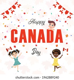 Happy Canada Day Design mit Flagge, Blatt und Kinder. Vektorgrafik.