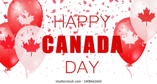 Happy Canada Day design inflated balloons, flying confetti and text. Decorative realistic design elements for Canadian national holidays. Symbol of Canada.  Vector illustration