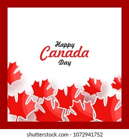 Happy Canada Day design with red maple leaves on white background.