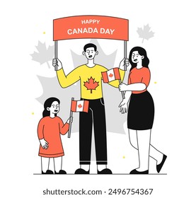 Happy Canada day. Family with flags and maple leaf. Traditional holiday and festival 1 July. Freedom and independence. Canadian history. Linear vector illustration isolated on white background