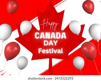 Happy Canada Day Festival with maple leaf and balloon isolated in red and white background.